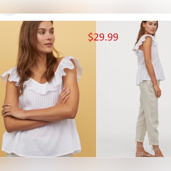 H&M hm White Ruffle trimmed Cotton V Neck Front & Back Peplum Pin-tuck Top XXS - Picture 2 of 7
